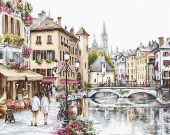 Lake Annecy cross-stitch kit on Zweigart 18 count canvas. City Landscape, River Bridge by Luca-s B2384L