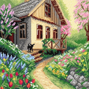 Needlepoint Canvas for Halfstitch Without Yarn Spring is Here. Blooming Garden Cottage Gobelin Tapestry Canvas by Orchidea 3575J