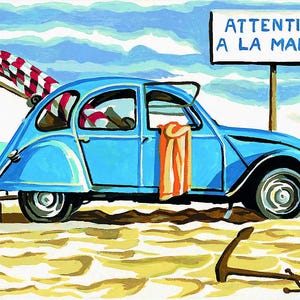May include: A blue vintage car parked on a sandy beach, with a red and white striped surfboard and a fishing net attached to the roof. A sign reads "ATTENTION A LA MAREE". An orange and white striped towel hangs from the car window.
