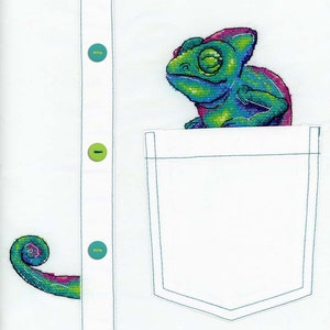 May include: A white shirt with a pocket and three buttons. A green, blue, and pink chameleon is peeking out of the pocket.