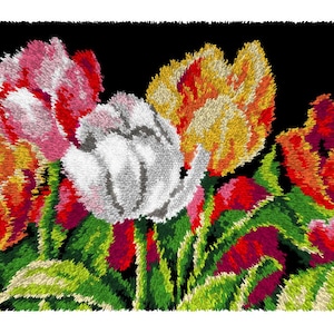 May include: A vibrant floral artwork featuring a bouquet of tulips against a black background. The tulips display a range of colors, including pink, white, yellow, and red, with green foliage. The image has a textured, three-dimensional effect.