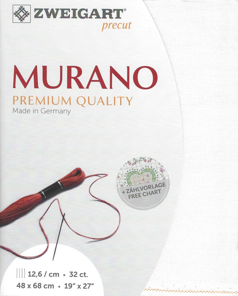 May include: White Aida fabric with a red embroidery floss and needle. The fabric is precut and measures 19 inches by 27 inches. The packaging includes a free chart for the Murano cross stitch pattern.