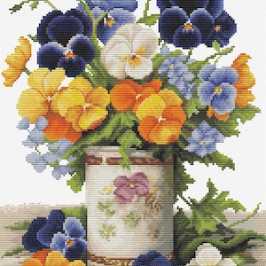 お花のタペストリー Blue Flowers cross-stitch kit on Aida 16 count canvas