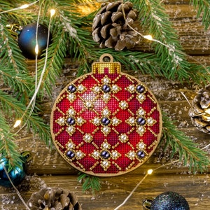 Christmas Red, Blue, Green Ball Cross Stitch kit on Wood Base threads & beads - cross-stitch kit on the Plywood. Wonderland Crafts FLW-009