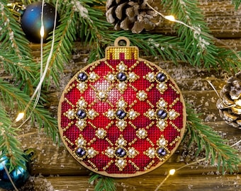 Christmas Red, Blue, Green Ball Cross Stitch kit on Wood Base threads & beads - cross-stitch kit on the Plywood. Wonderland Crafts FLW-009