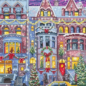 Winter Townhouse- Cross-Stitch kit on Aida 16 Count Canvas. Winter Evening Town Before the Christmas. Cross Stitch kit by LetiStitch L8076