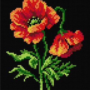 May include: A cross-stitch embroidery design featuring two red poppies with green stems and leaves on a black background.