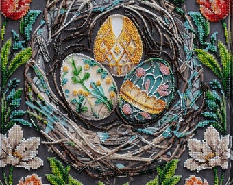 Cherish Traditions Beaded Embroidery Kit on Fabric. DIY Folk Art Beadwork Kit for Handmade Cultural Decor by Abris Art AB-934
