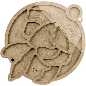 May include: A wooden puzzle in the shape of a goldfish. The puzzle is made of multiple pieces that fit together to create the image of a goldfish. The puzzle is a light brown color and has a glossy finish.
