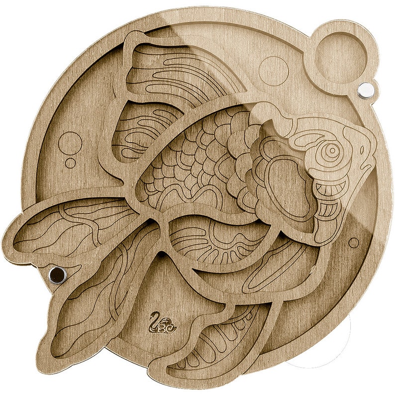 May include: A wooden puzzle in the shape of a goldfish. The puzzle is made of multiple pieces that fit together to create the image of a goldfish. The puzzle is a light brown color and has a glossy finish.