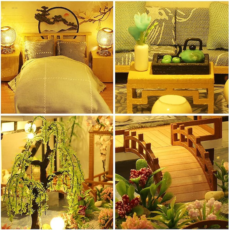 May include: A miniature dollhouse with a bedroom, living room, and garden. The bedroom has a bed with a light blue comforter and pillows. The living room has a sofa, a coffee table, and a lamp. The garden has a willow tree, a bridge, and flowers.