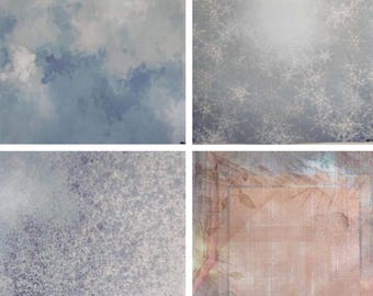 May include: Four digital art backgrounds. Top left features a cloudy sky in shades of blue and white. Top right has a snowflake pattern on a light gray background. Bottom left has a snowflake pattern. Bottom right has a framed design.