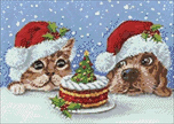 Christmas Cat and Dog Diamond Painting Set by Wizardi. WD111 Diamond Art  Kit. Small Diamond Painting Kit 