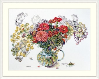 May include: A bouquet of red, pink, and yellow flowers in a clear glass vase with a green stem. The flowers are surrounded by green foliage and a few small green insects.