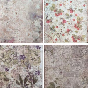 May include: Four vintage-style patterned paper sheets. The first sheet has a light brown background with white and gray text and faded circles. The second sheet has a white background with a repeating pattern of red berries and green leaves. The third sheet has a white background with a repeating pattern of purple flowers and green leaves. The fourth sheet has a white background with a repeating pattern of brown leaves and geometric shapes.