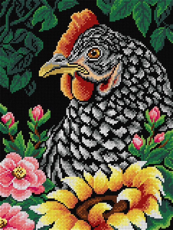 Chicken with Flowers. Needlepoint Canvas for Half Stitch without Yarn.  Printed Tapestry Canvas Hen with Sunflower. Orchidea 3382J