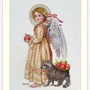 May include: A cross-stitch embroidery of an angel with a halo, wings, and a long dress holding an apple. A raccoon wearing armor carries a basket of apples behind the angel. The embroidery is signed "Mere/Ja".