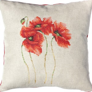 Poppies Cushion cross-stitch kit on 25 count Evenweave Fabric. Pillow with Flowers. Cross Stitch kit by Luca-s PB122L