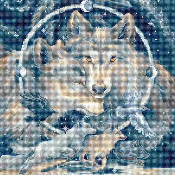 Wolves Dreamcatcher cross-stitch kit on Aida 14 count canvas. Forest Animals. Winter Wolves Cross Stitch kit by LetiStitch Leti955