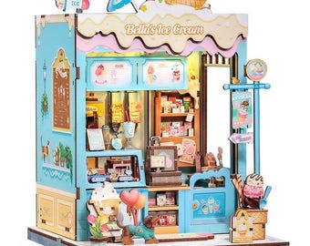 DIY Miniature Roombox Kit - Bella's Ice Cream. Handmade Dollhouse Kit with LED Light by Wizardi F07M51-93-CWGC212