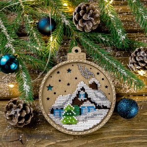 Christmas House Ball Bead Embroidery Kit on Wood kit - Winter Hut beading embroidery kit. Wonderland Crafts FLK-366
