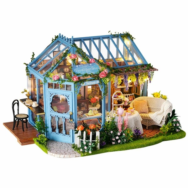 Wizardi Roombox Kit - Rose Garden Tea House. DIY Home Decor Dollhouse Kit with Furniture and LED Light. Gifts Idea F07M5-9-A-068-A