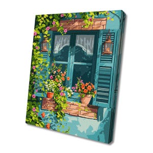 May include: A teal blue window with white shutters and a brick frame. The window is decorated with green vines and colorful flowers in pots. There are two lanterns hanging on either side of the window.