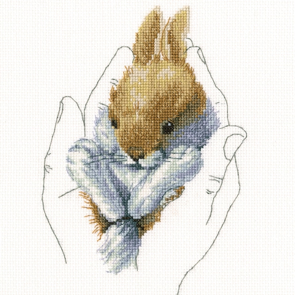 Rabbit with Warm Hands cross-stitch kit. Monochrome Bunny Animal. Easy & Fast Cross Stitch kit by RTO M697