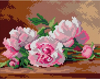 White & Pink Roses in the Vase. Needlepoint Canvas for Half Stitch without Yarn. Printed Tapestry Canvas Peonies -  Flowers. Orchidea 3297F