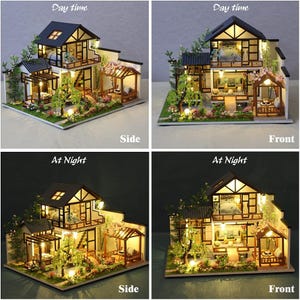 May include: A miniature dollhouse with a white exterior and a brown roof. The dollhouse has a garden with trees and flowers. The dollhouse is lit up at night, showing the interior of the house. The dollhouse is a DIY kit.