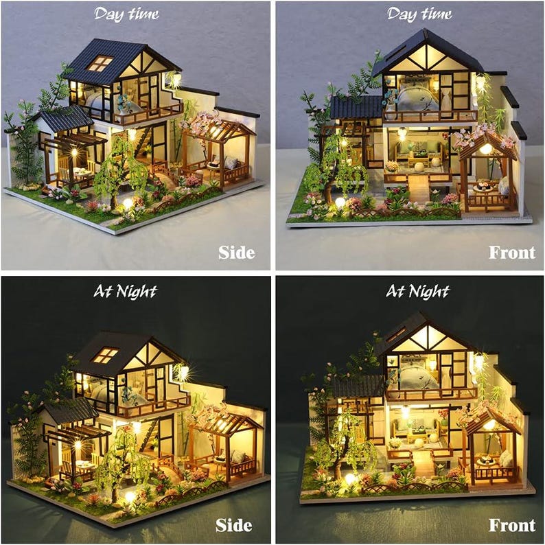 May include: A miniature dollhouse with a white exterior and a brown roof. The dollhouse has a garden with trees and flowers. The dollhouse is lit up at night, showing the interior of the house. The dollhouse is a DIY kit.