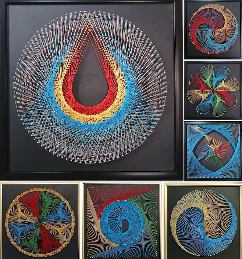 May include: A collection of framed string art pieces featuring geometric patterns created with colourful threads stretched between nails on black backgrounds. The designs include circular, spiral, and star-like motifs in red, blue, yellow, and green.
