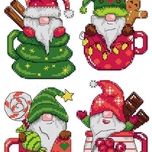 May include: Four festive gnomes in red and green mugs with Christmas decorations. The gnomes are wearing red and green hats and have white beards. The mugs are decorated with candy canes, cinnamon sticks, holly, and other Christmas elements.