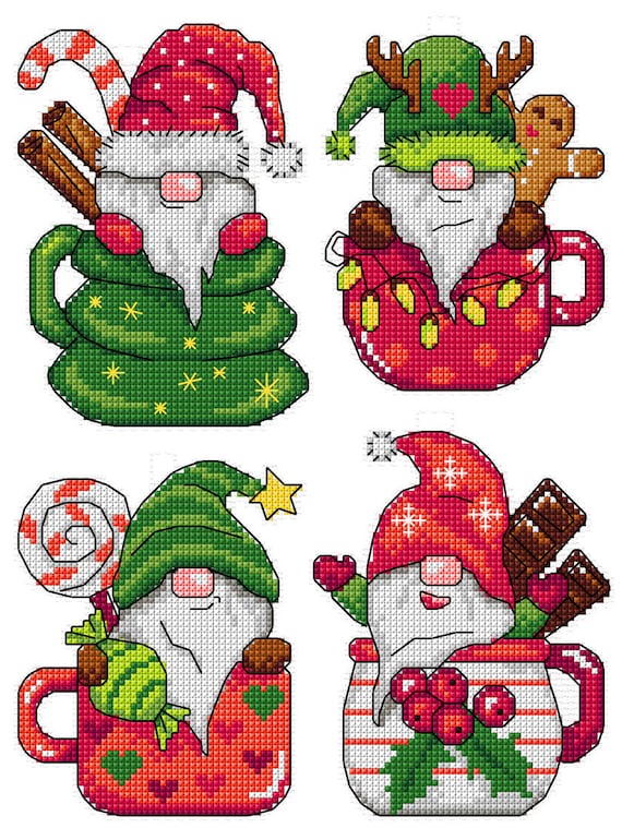 Сounted Cross Stitch Kit with Plastic Canvas - Gnomes in Cups by Crafting Spark 183CS