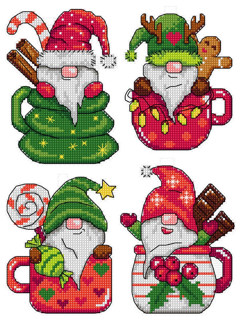 May include: Four festive gnomes in red and green mugs with Christmas decorations. The gnomes are wearing red and green hats and have white beards. The mugs are decorated with candy canes, cinnamon sticks, holly, and other Christmas elements.