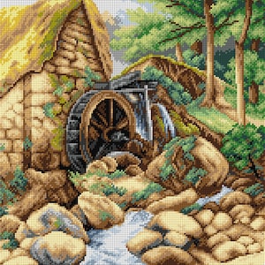 May include: A cross-stitch pattern depicting a rustic watermill with a wooden wheel, a small waterfall, and a stone building with a thatched roof. The scene is set in a lush green forest with trees and foliage.
