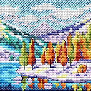May include: A cross-stitch pattern depicting a winter landscape with a snowy foreground, a line of trees in the middle ground, and a blue sky with white clouds in the background.