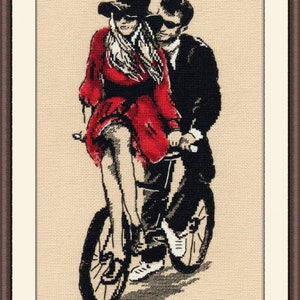 Romantic Bike cross-stitch kit on Aida 16 count canvas. Couple on Bicycle. Love Sampler Cross Stitch kit by Oven 985