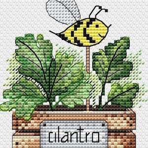 May include: A wooden planter box with green cilantro plants and a yellow and black bee with wings. The planter box has a metal tag that says "cilantro".