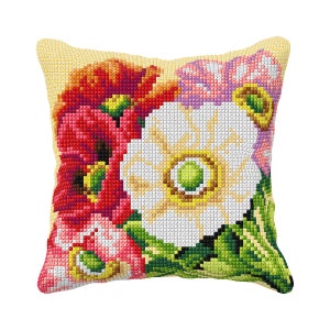 May include: A yellow pillow with a cross-stitch design of red, white, and green flowers. The flowers are in a bouquet arrangement.