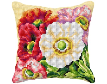 Poppies Floral Cross Stitch Cushion Kit. Handmade Pillow Cover Kit by Orchidea 99085
