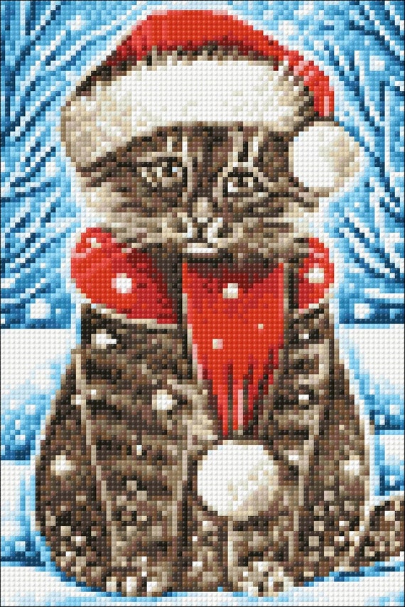Christmas Cat Diamond Painting Set by Wizardi. CS2436 Diamond Art Kit.  Small Winter Kitten Diamond Painting Kit -  Israel
