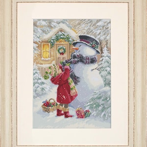 Christmas Child with Snowman  - Luca-s counted cross-stitch kit on Zweigart Aida 16 count canvas. Winter Landscape BU5018L
