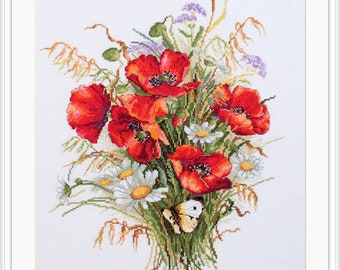 Poppies and Oats - Counted Cross-Stitch Kit. Cross Stitch Pattern with Red Flowers on Aida 16 Count Canvas. Cross Stitch by Merejka K-128