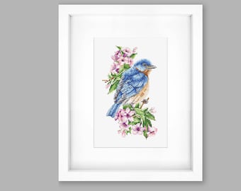 Blue Bird on the Branch counted cross-stitch kit on Aida 16 count canvas. Violet Flowers  cross stitch kit Luca-s B1198L