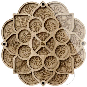 May include: A wooden mandala with intricate laser-cut designs. The mandala is divided into eight sections, each with a different pattern. The center of the mandala features a smaller, more detailed design.