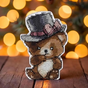 Bear in Hat Cross-stitch kit on a Plastic Base. Embroidery kit. Cute Animal Cross stitch Pattern by Wonderland Crafts FLX-007