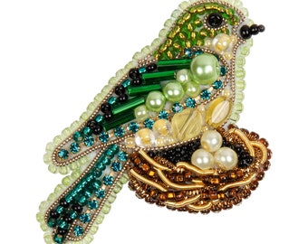 Fly Bird  in the Nest Brooch DIY Beading Kit. Handmade Jewelry Making Kit. Bead Embroidery Kit. Seed Beeded Brooch. Charivna Mit BP-314C