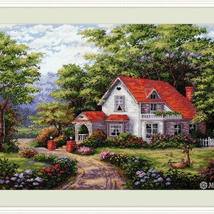 Sterling Estate - Counted Cross-Stitch Kit on Aida 16 Count Canvas. House Surrounded by Beautiful Nature. Cross Stitch kit by Merejka K-170