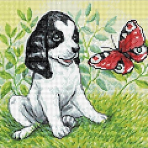 Puppy with Butterfly Diamond painting set by Crafting Spark. Little Dog CS2675 Diamond Art kit. Large Diamond painting kit